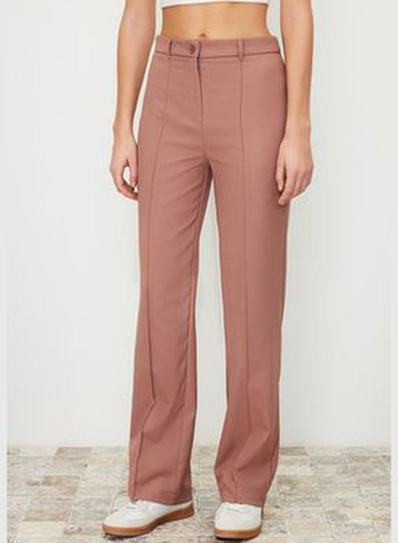 Pale Pink Straight/Straight Fit High Waist Ribbed Stitched Woven Trousers
