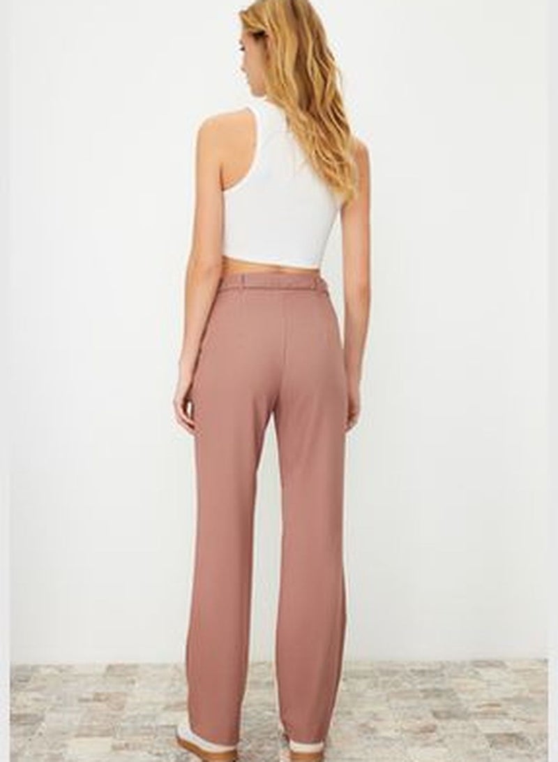 Pale Pink Straight/Straight Fit High Waist Ribbed Stitched Woven Trousers