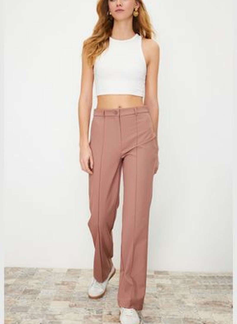 Pale Pink Straight/Straight Fit High Waist Ribbed Stitched Woven Trousers