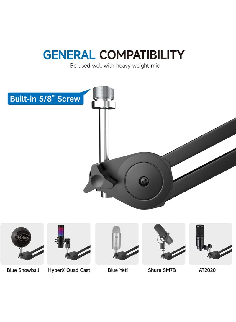 Microphone Boom Arm Heavy Duty Boom Arm Mic Stand Suspension Scissor Mic Arm Desk Mount with Upgraded Mic Clip Max Clamping Range 60mm for Blue Yeti Snowball Shure Hyperx Quadcast & Other Mic