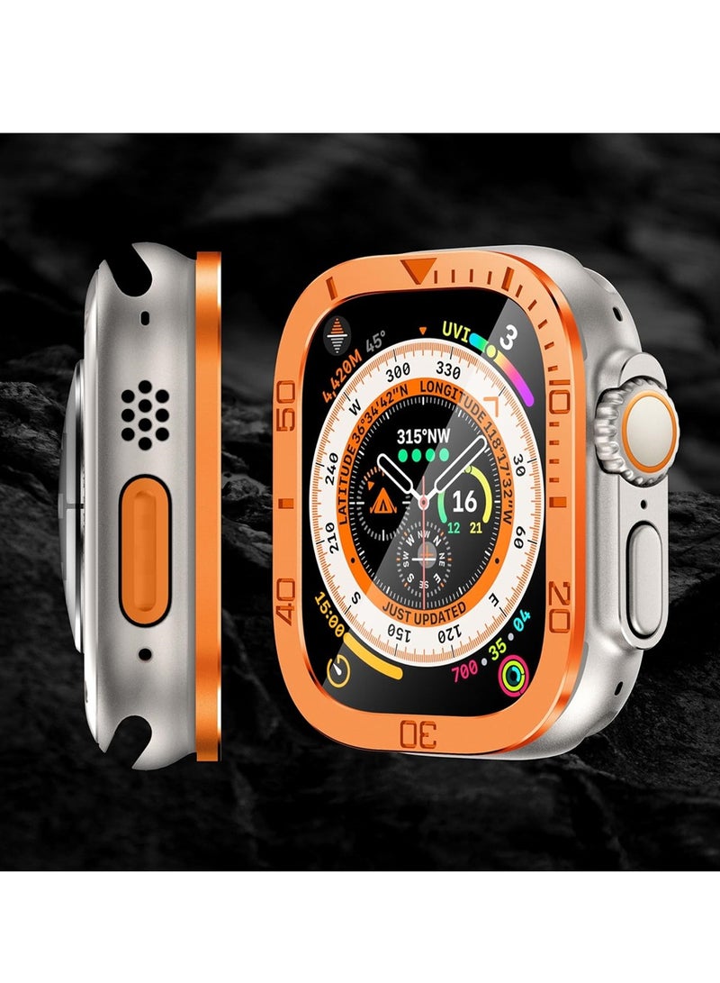 Rugged Metal Case, Compatible with Apple Watch Ultra 49mm Case with Tempered Glass Screen Protector, Bezel Ring Frame Built in Clear Film for iWatch Ultra 49mm, 2 Pack, Orange