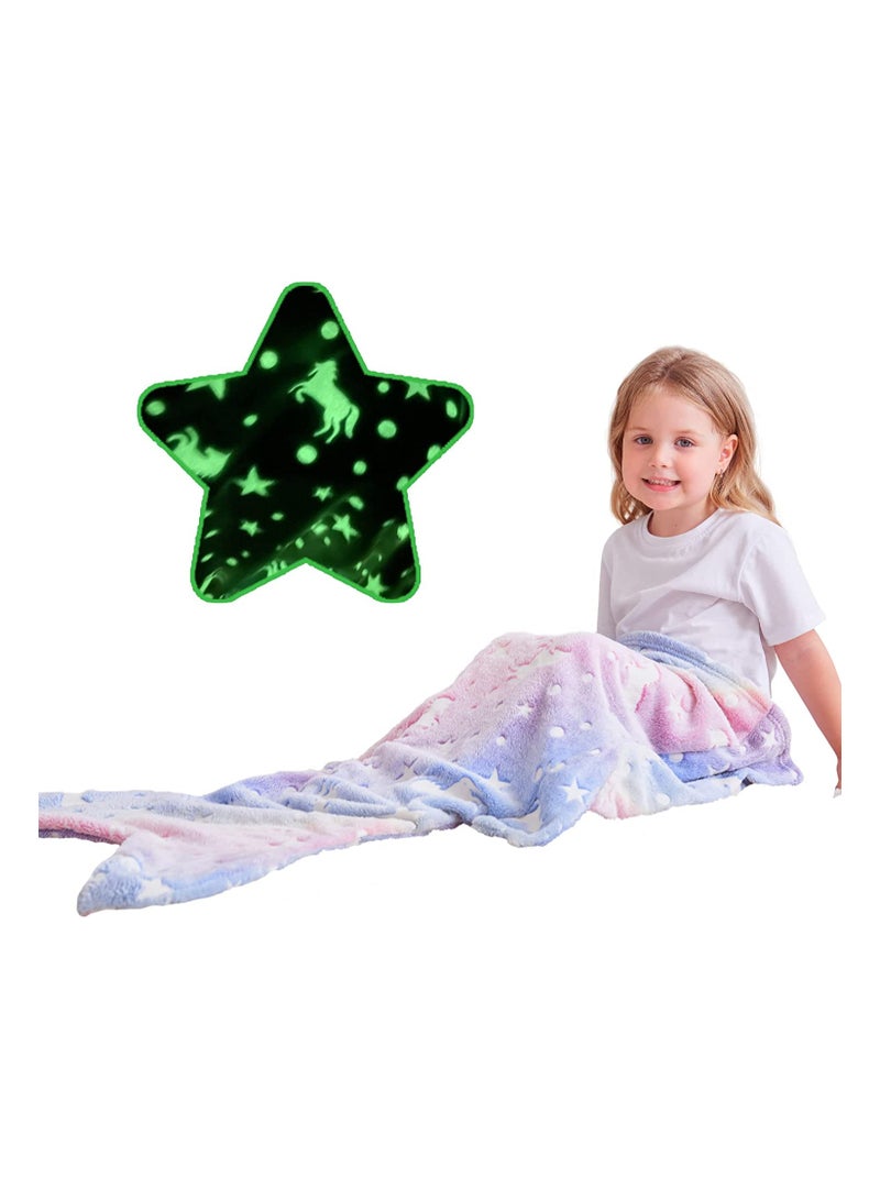 SYOSI Mermaid Tail Blanket, Glow in The Dark, Super Soft Plush Flannel Sleeping Bag, Star and Unicorn Design Snuggle Blanket, for Girls Age 1-10
