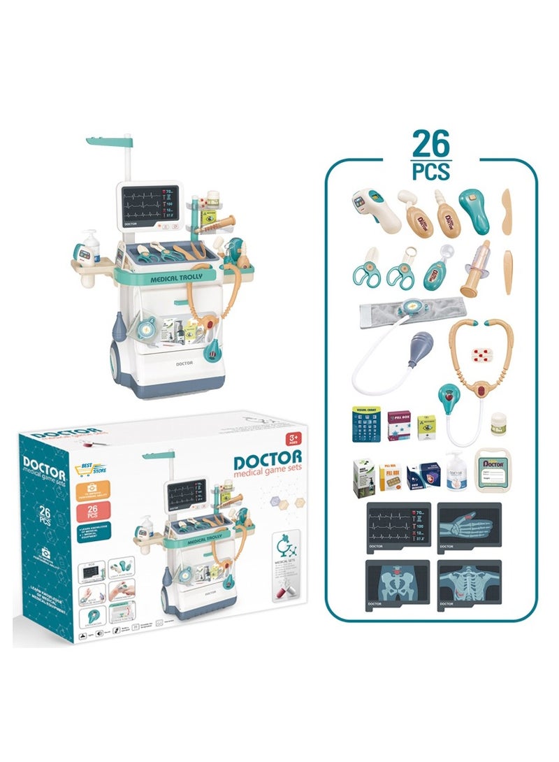 Doctor Kit for Kids with 26 Accessories Pretend Educational Toy Medical Station Set with Mobile Cart and Thermometer Function Keys Stethoscope for Toddlers baby and School Boys Girls