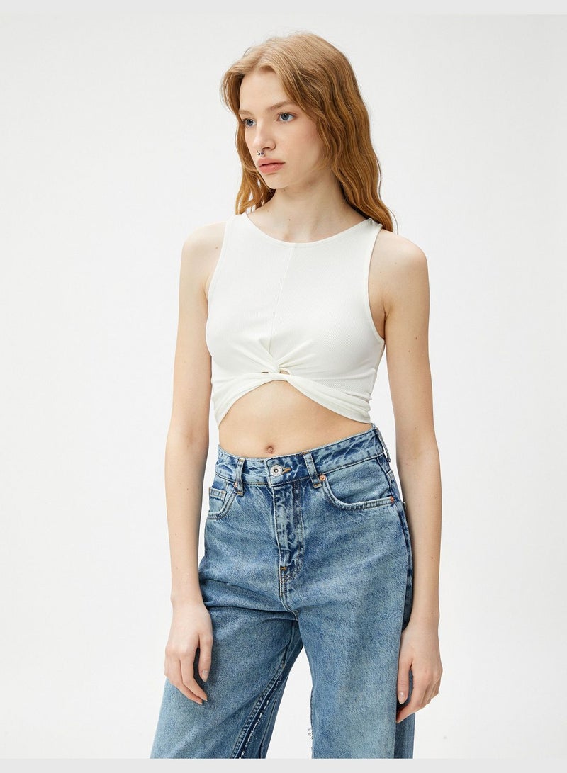 Crew Neck Ribbed Knotted Crop Tanktop