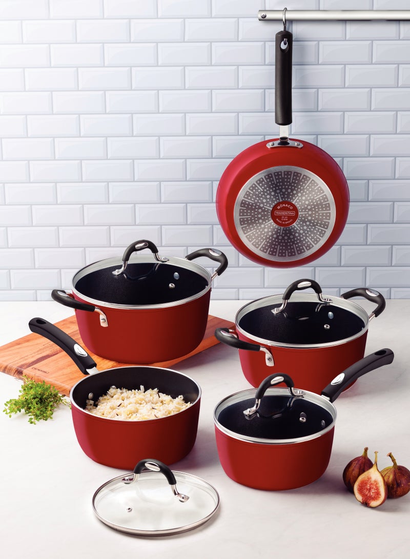Since 1911,Made in Brazil- Monaco Induction Ready 9 Pieces Aluminum Cookware Set with Interior Starflon Premium Nonstick Coating and Exterior Red Silicone Coating