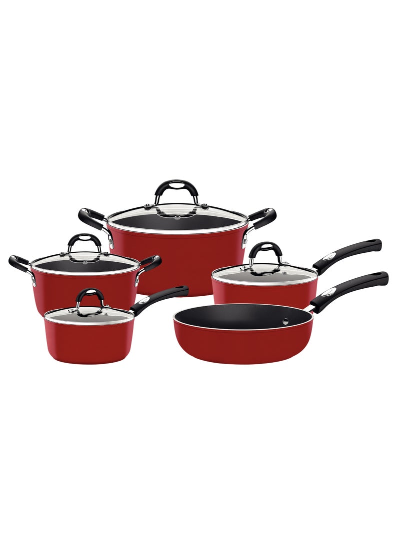 Since 1911,Made in Brazil- Monaco Induction Ready 9 Pieces Aluminum Cookware Set with Interior Starflon Premium Nonstick Coating and Exterior Red Silicone Coating