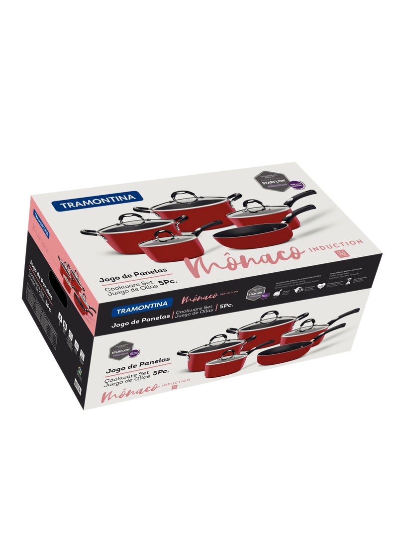Since 1911,Made in Brazil- Monaco Induction Ready 9 Pieces Aluminum Cookware Set with Interior Starflon Premium Nonstick Coating and Exterior Red Silicone Coating
