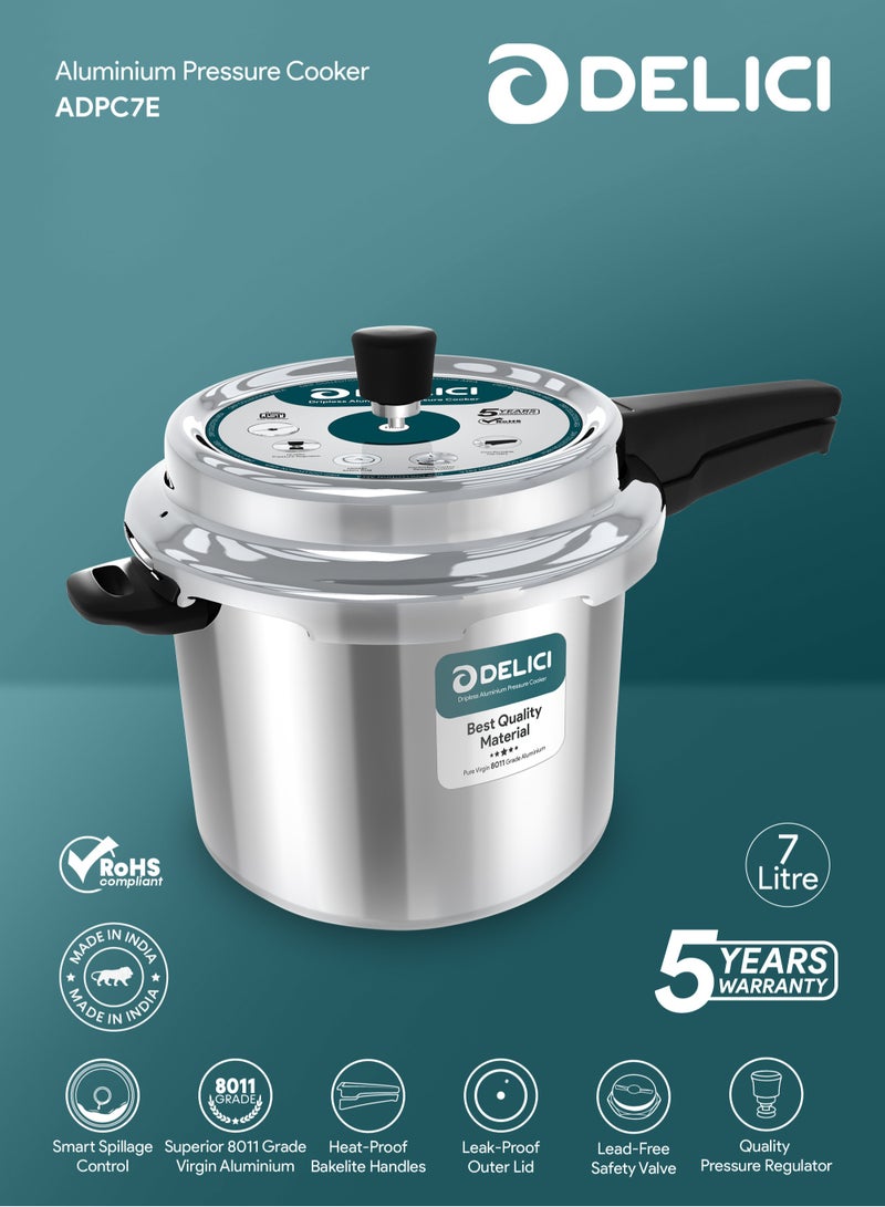 Aluminium Pressure Cooker Dripless 7 Litre – Superior Virgin Aluminium, Food Grade Rubber Gasket, Lead Free Safety Valves, Specially Designed Handle and Quality Pressure Regulator