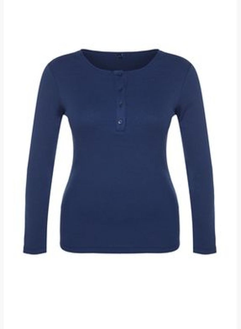 Navy Blue Ribbed Knitted Blouse TBBAW24AF00039