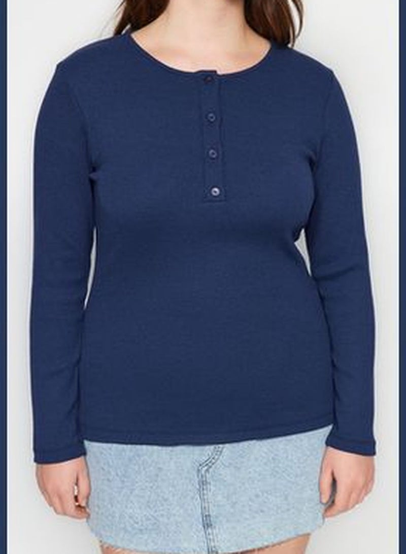 Navy Blue Ribbed Knitted Blouse TBBAW24AF00039