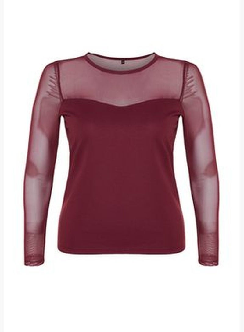 Burgundy Crew Neck Plain Bodycone Crepe Knitted Plus Size Blouse