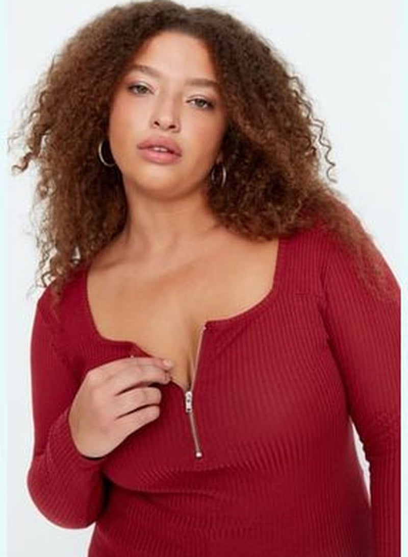 Burgundy Zip Detailed Knitted Blouse TBBSS22AF0027