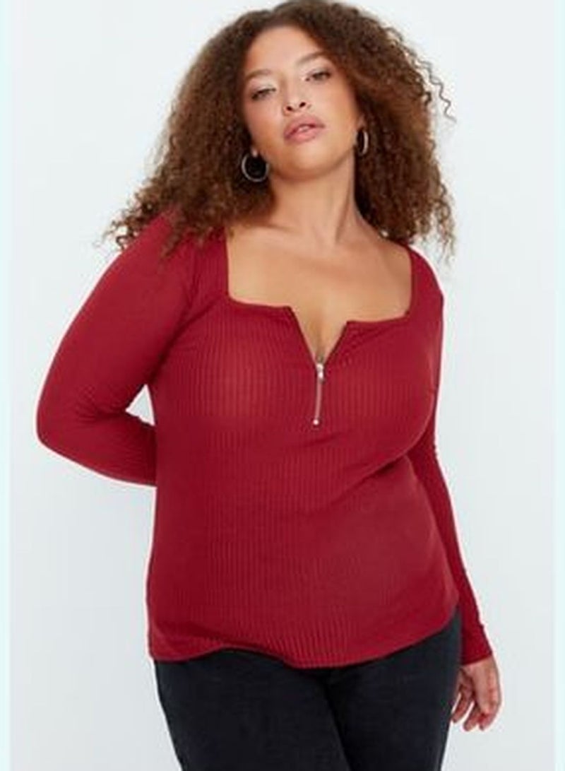 Burgundy Zip Detailed Knitted Blouse TBBSS22AF0027