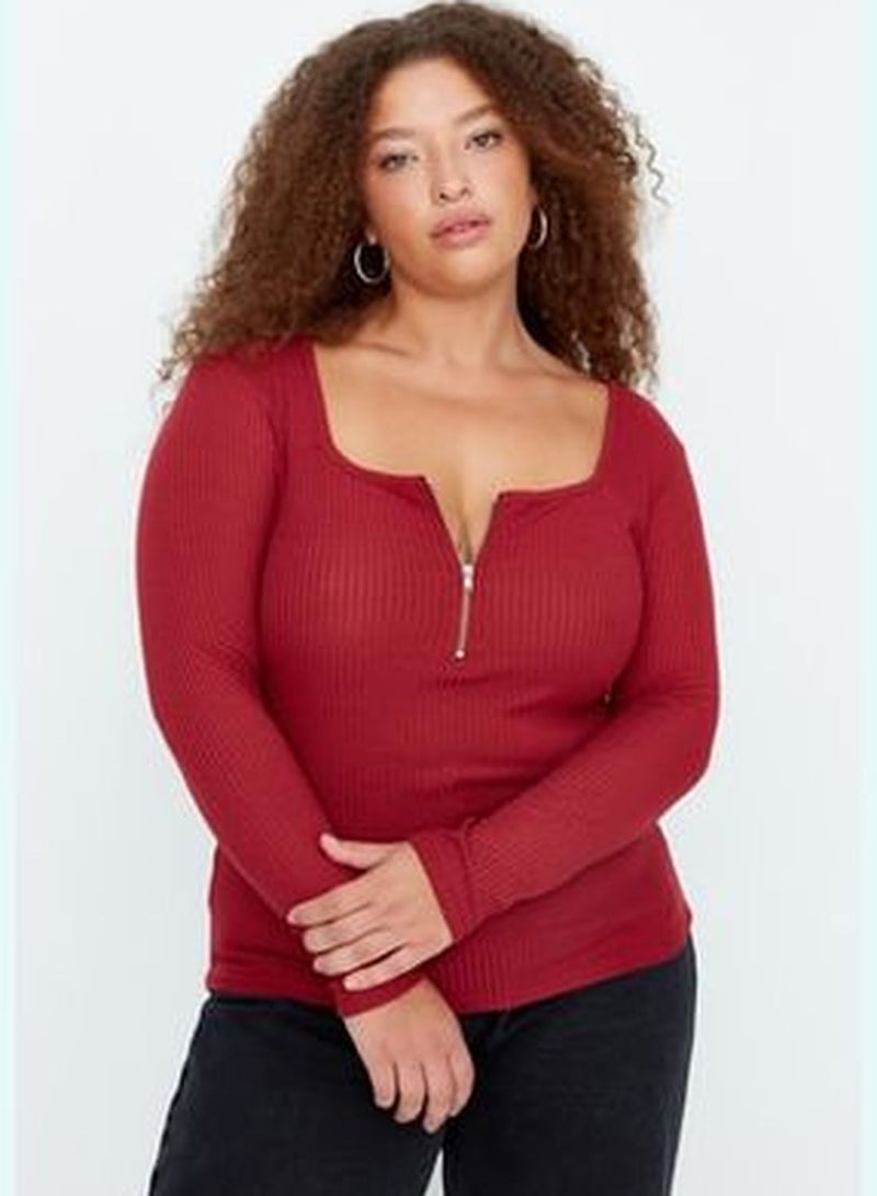 Burgundy Zip Detailed Knitted Blouse TBBSS22AF0027