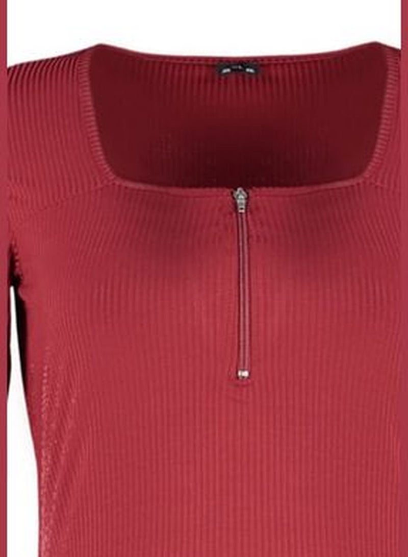 Burgundy Zip Detailed Knitted Blouse TBBSS22AF0027