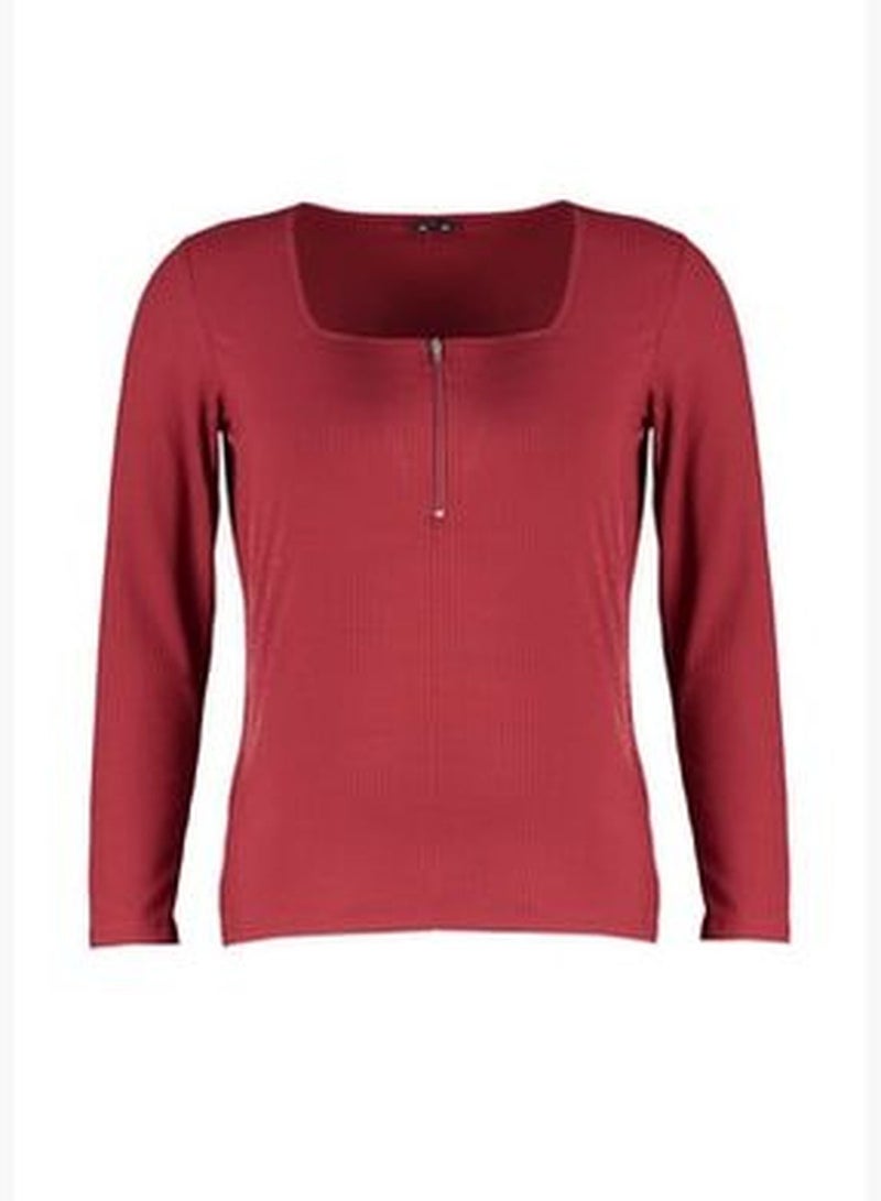 Burgundy Zip Detailed Knitted Blouse TBBSS22AF0027