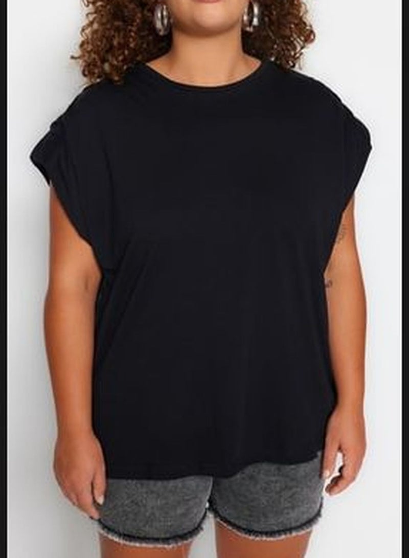 Black Crew Neck Plain Basic Single Jersey Plus Size Blouse