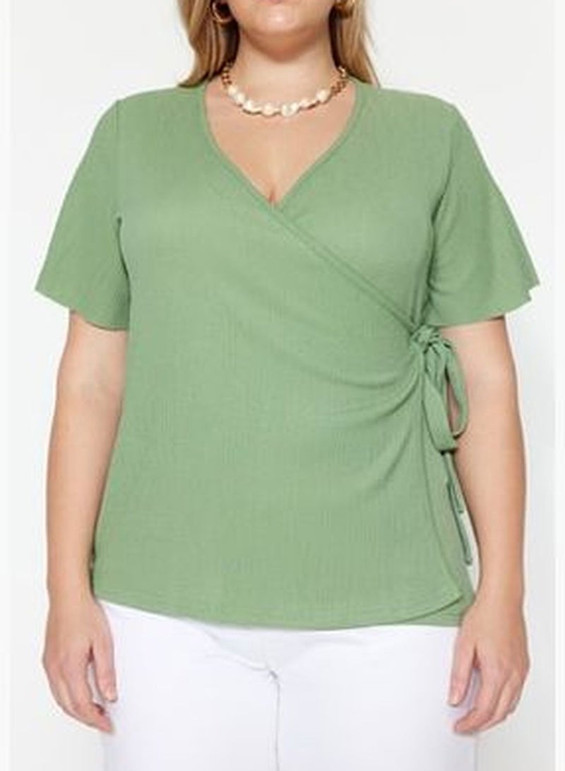 Dark Mint Knitted Double Breasted Blouse With Tie Detailed TBBSS23AH00126