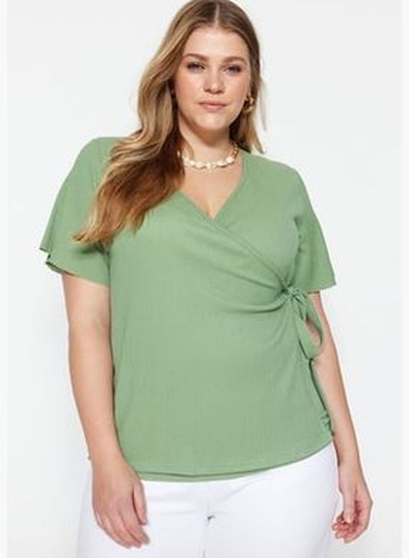 Dark Mint Knitted Double Breasted Blouse With Tie Detailed TBBSS23AH00126