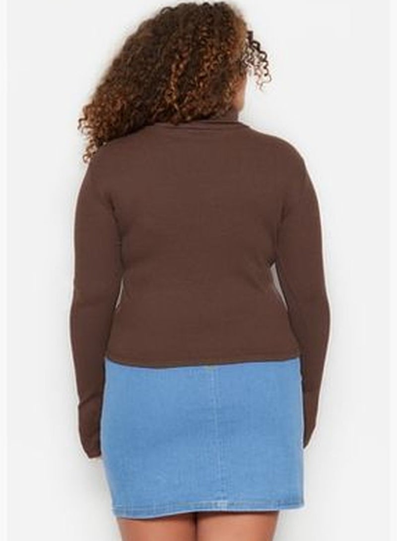 Brown Stand-Up Collar Knitted Crop Blouse TBBAW23AF00028