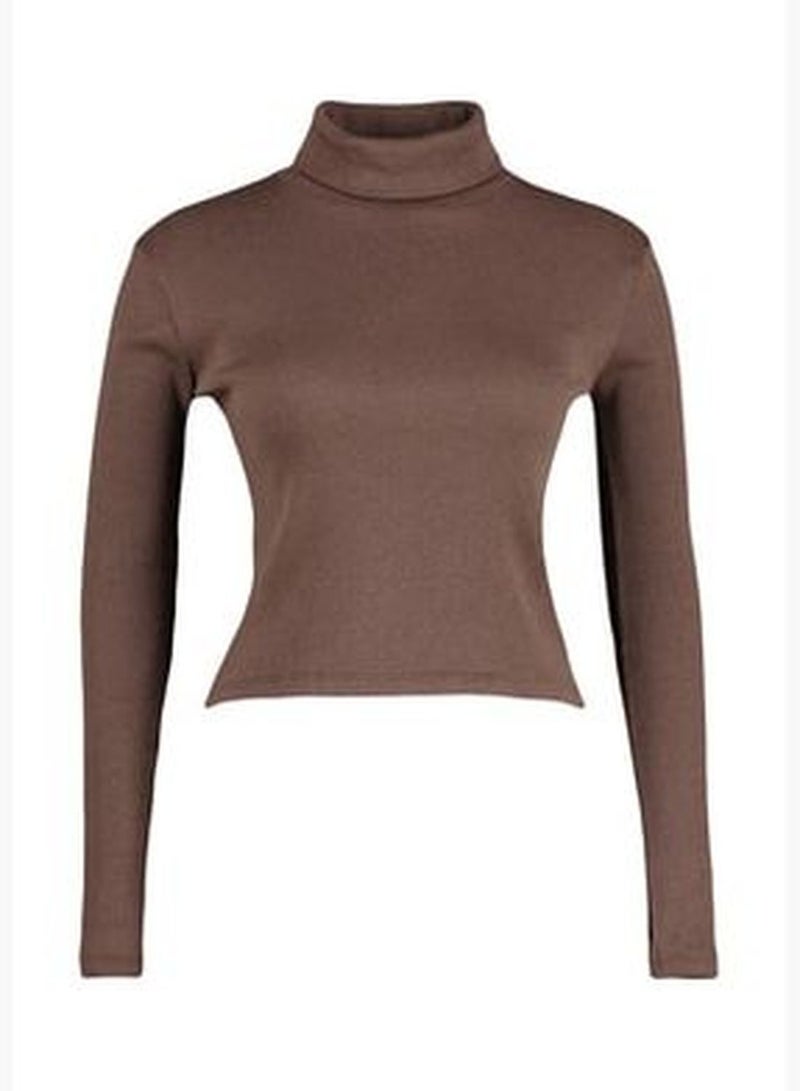 Brown Stand-Up Collar Knitted Crop Blouse TBBAW23AF00028