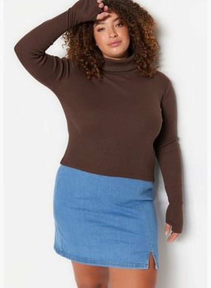 Brown Stand-Up Collar Knitted Crop Blouse TBBAW23AF00028