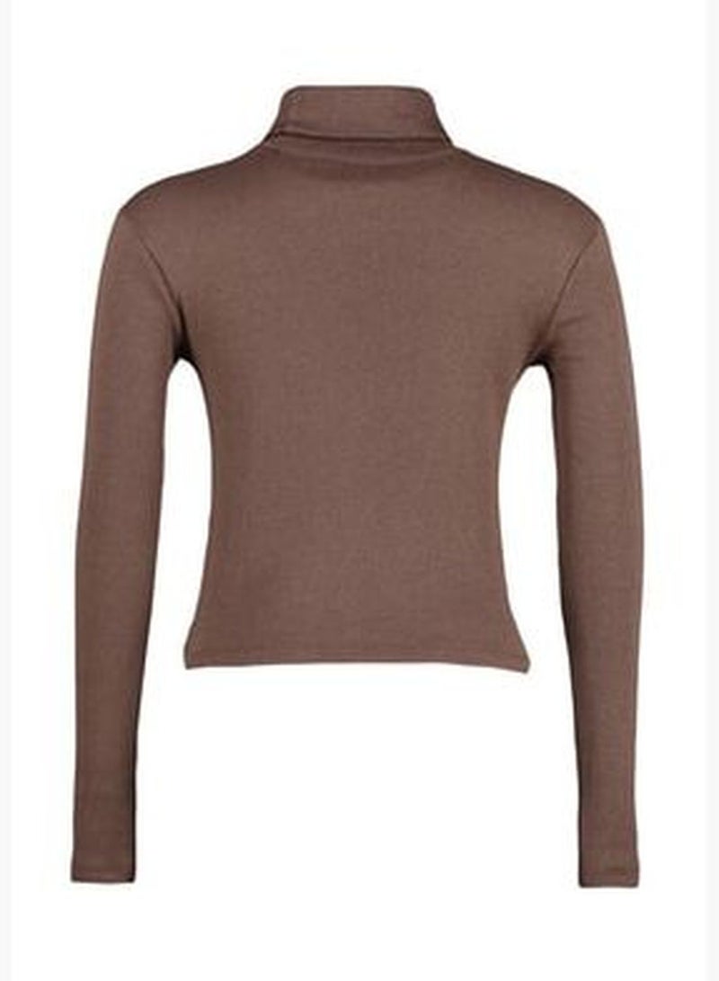 Brown Stand-Up Collar Knitted Crop Blouse TBBAW23AF00028