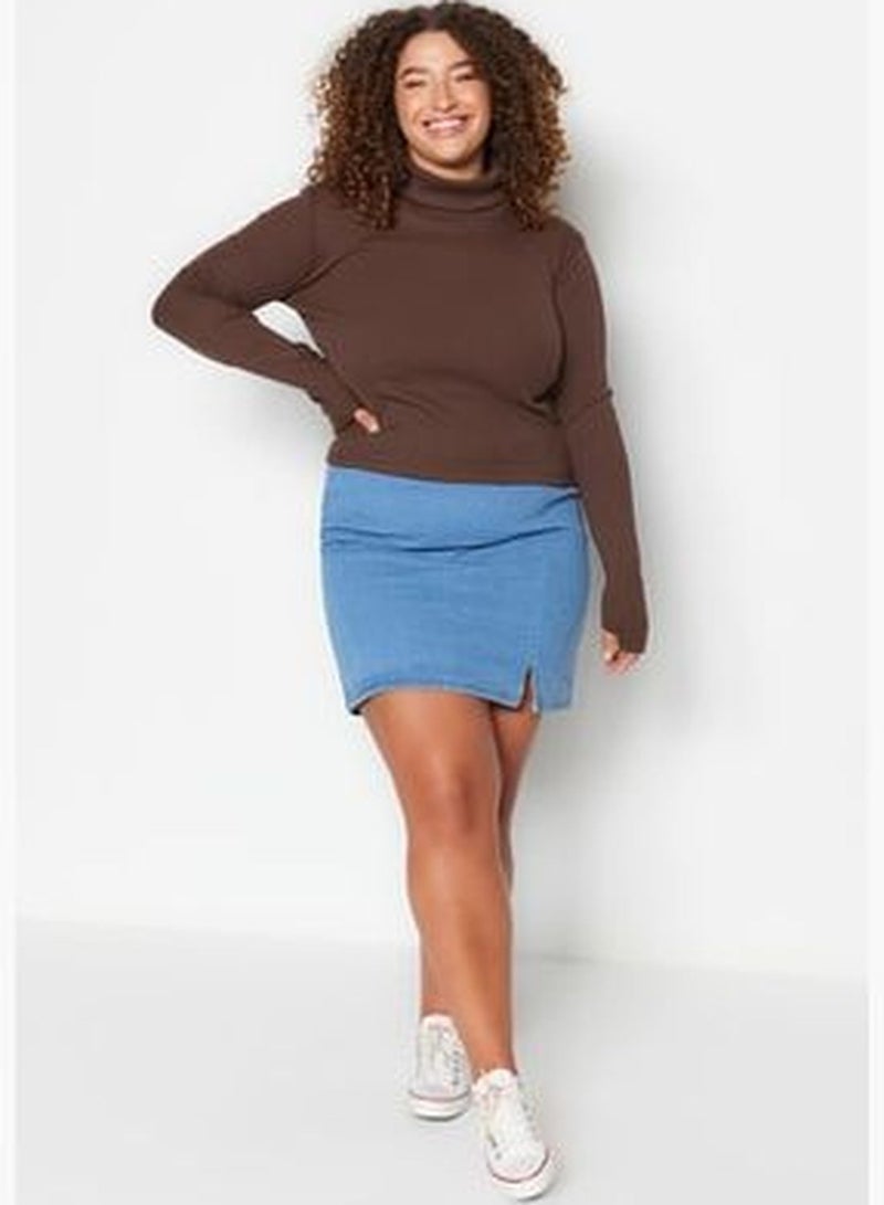 Brown Stand-Up Collar Knitted Crop Blouse TBBAW23AF00028