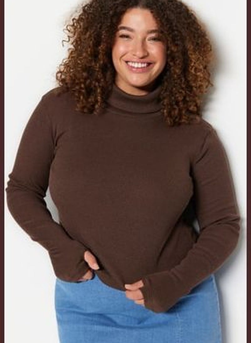 Brown Stand-Up Collar Knitted Crop Blouse TBBAW23AF00028