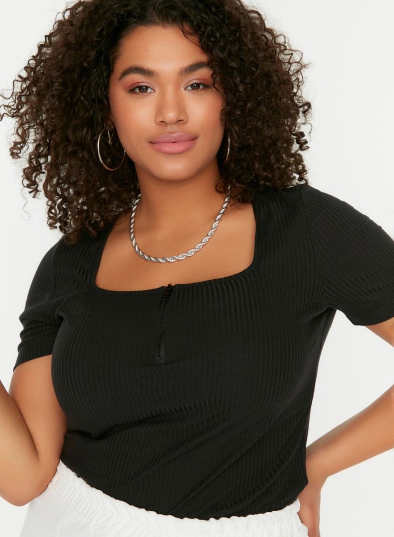 Zip Detail Ribbed Top