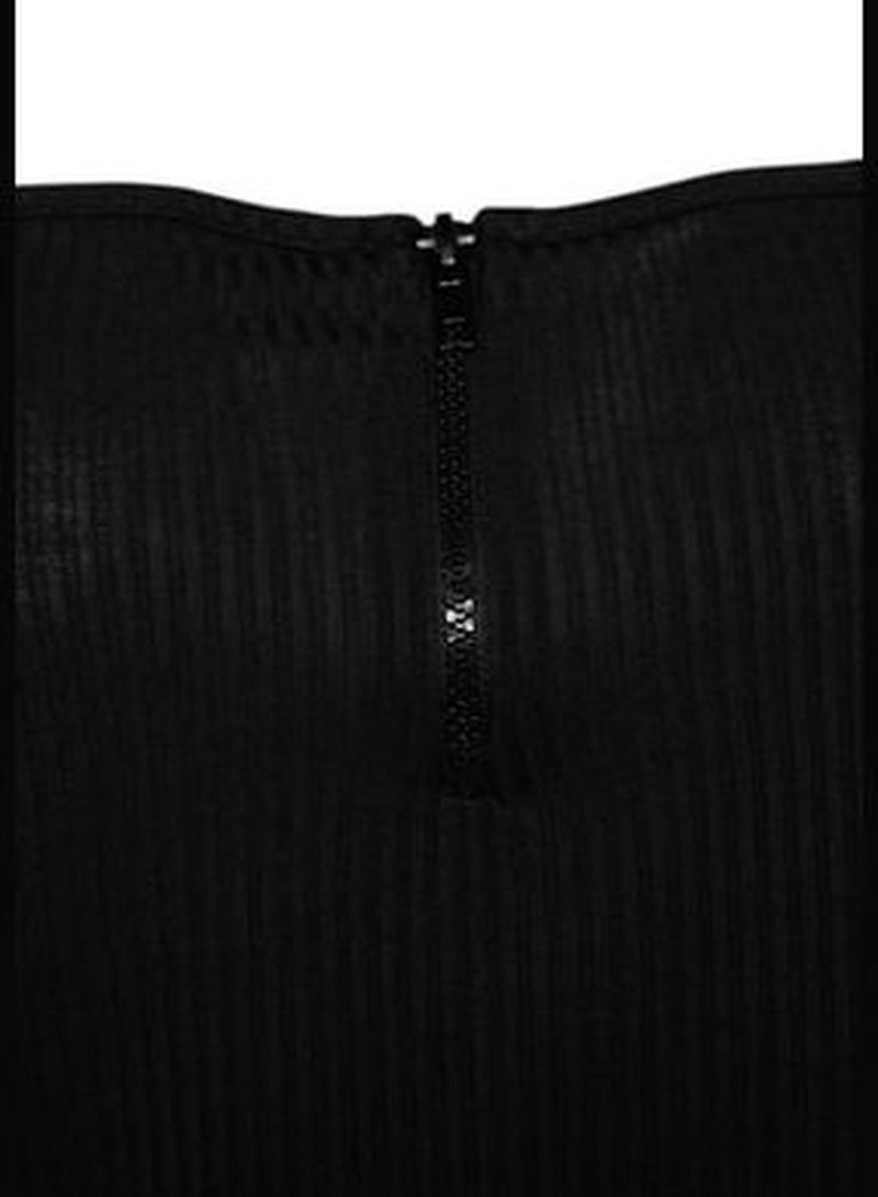Black Knitted Square Collar Zipper Blouse TBBSS22BZ00005