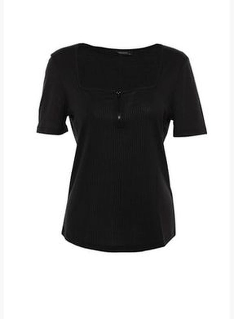 Black Knitted Square Collar Zipper Blouse TBBSS22BZ00005