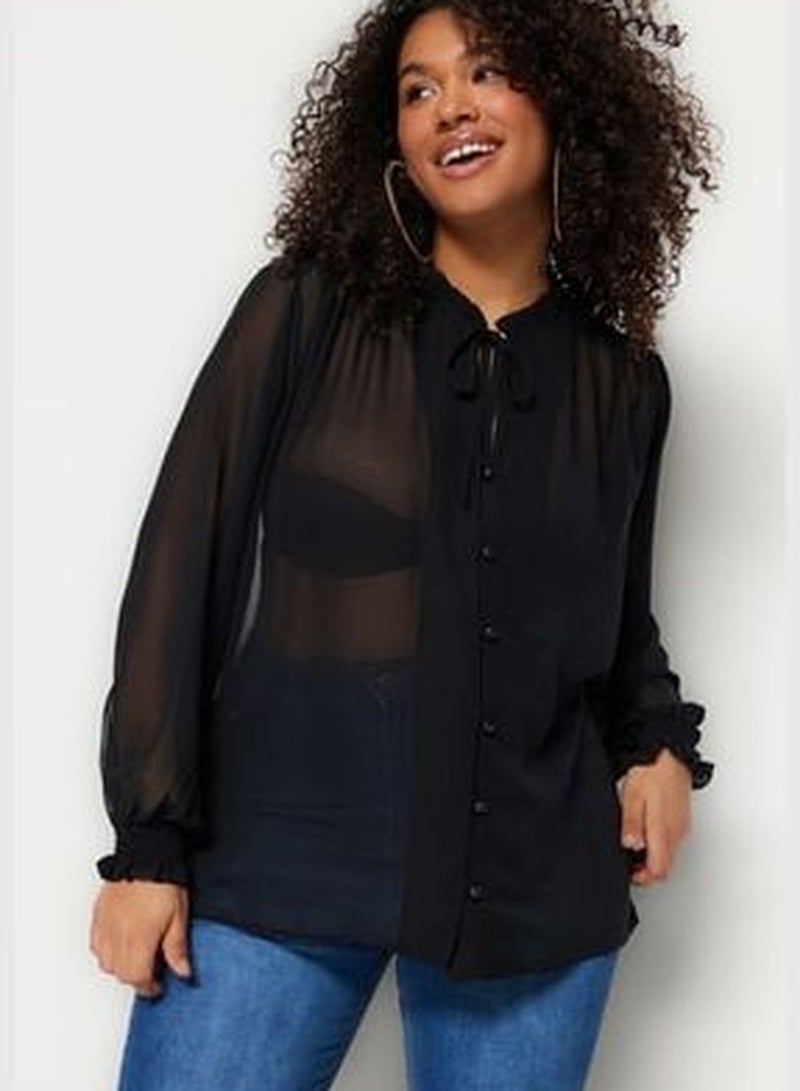 Black Chiffon Shirt with Weave Sleeves and Gipple TBBSS23AX00018