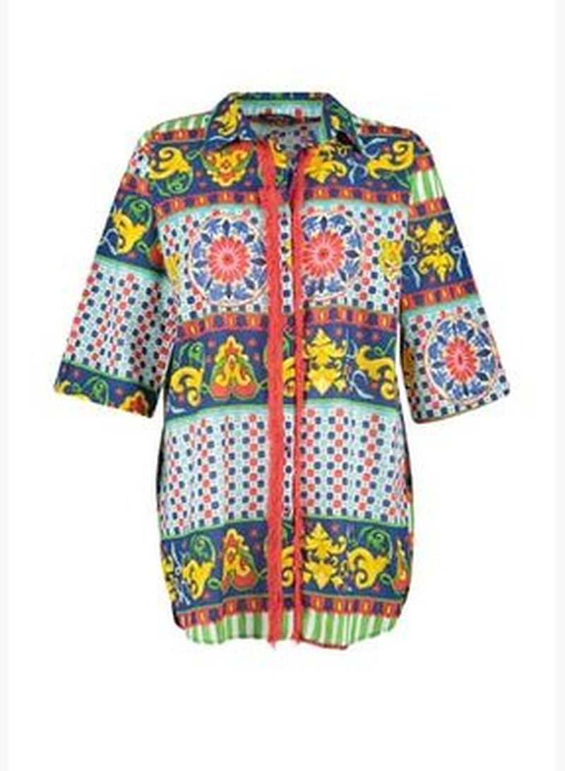 Multicolored Tile Pattern Woven Beach Shirt