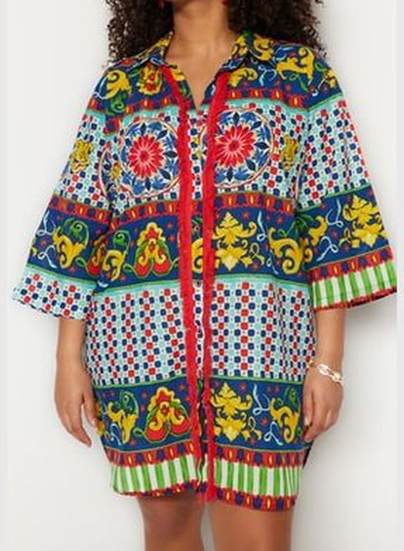 Multicolored Tile Pattern Woven Beach Shirt