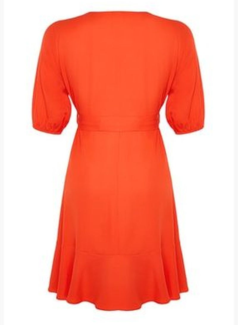 Orange Woven Belted Double-breasted Dress With Closure TBBSS22EL0541
