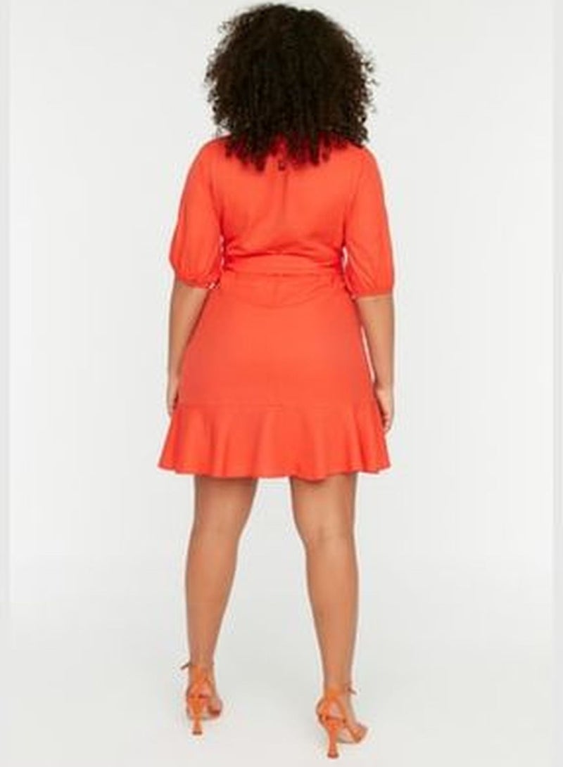 Orange Woven Belted Double-breasted Dress With Closure TBBSS22EL0541