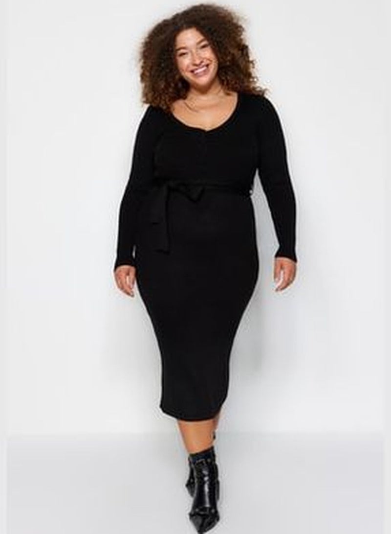 Black Knitwear Dress with Tie Detail and Buttons at the waist TBBAW24AH00003
