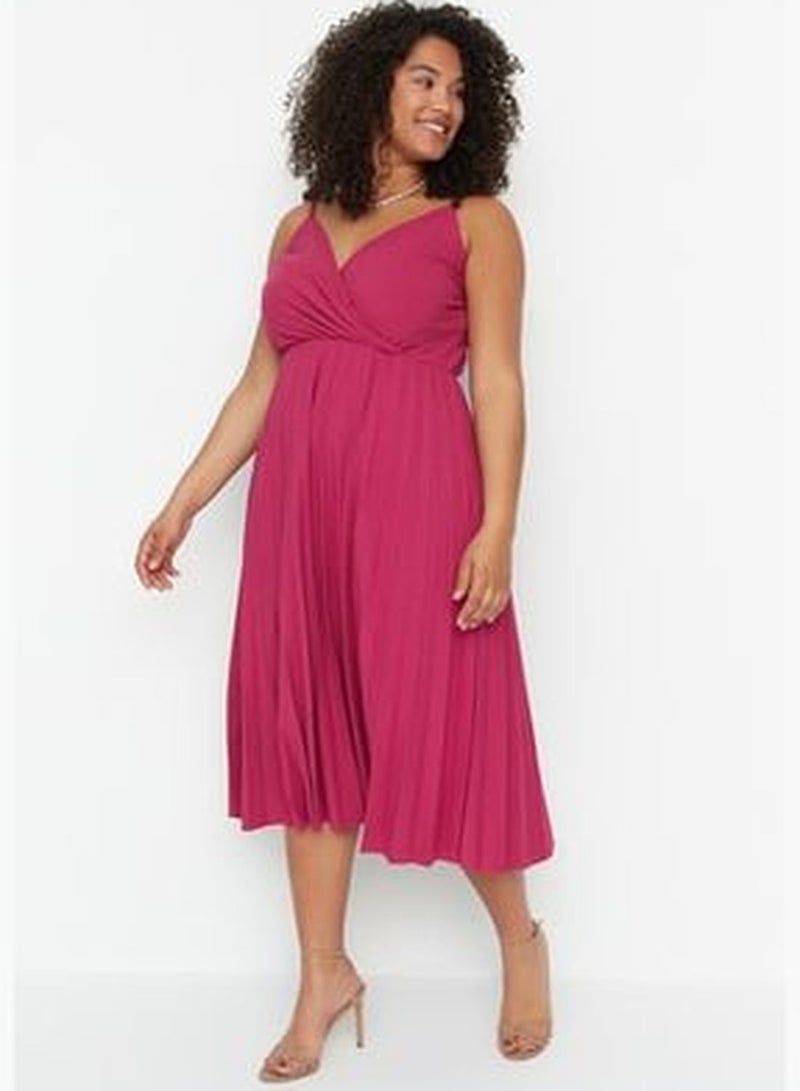A-line Fuchsia Knitted Double Breasted Collar Pleated Pleat Dress TBBSS22EL1565