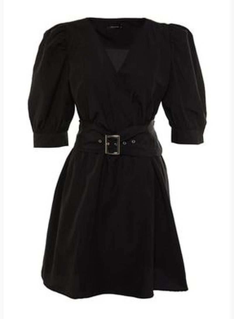 Black Woven With Belt, Double Breasted Collar Dress TBBSS22EL1669
