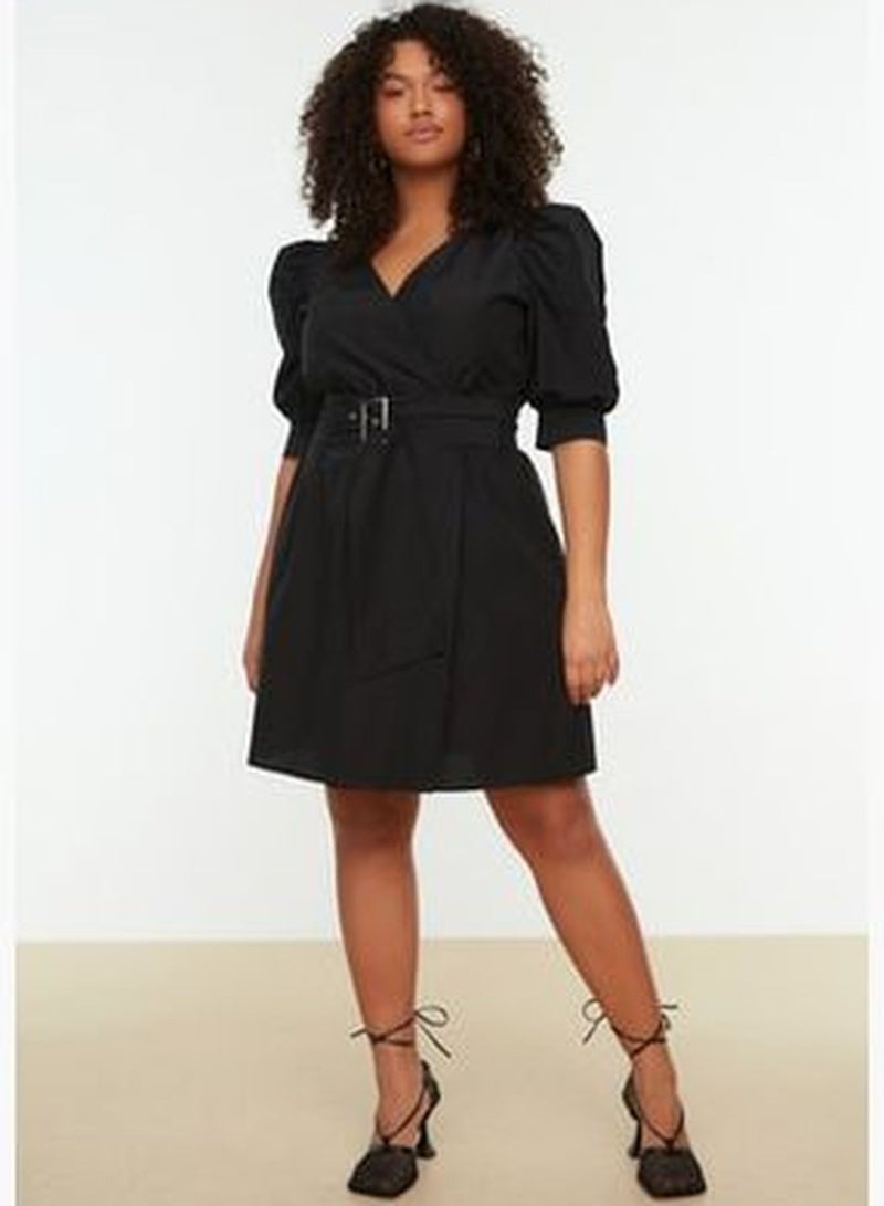 Black Woven With Belt, Double Breasted Collar Dress TBBSS22EL1669