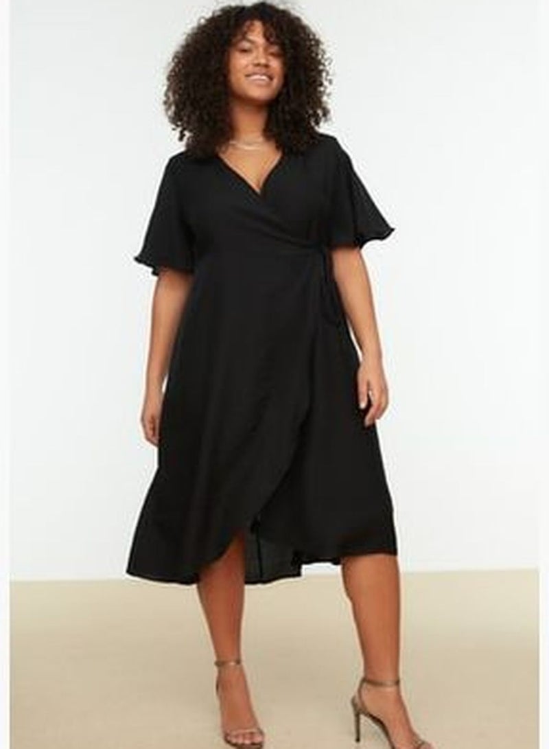 Black Plain Wrapped Midi Plus Size Weaving Dress TBBSS22EL1564