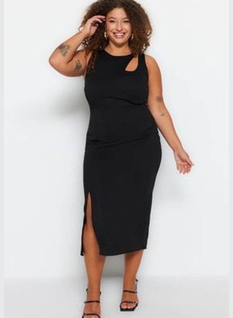 Black Fitted Knitted Window/Cut Out Detailed Dress with a Slit TBBSS23AH00192