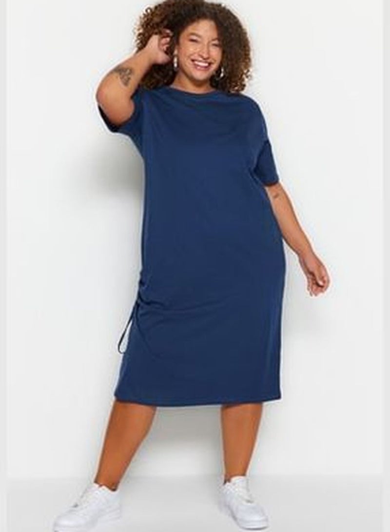 Navy Blue Knitted Bicycle Collar Dress with Smocking and a Slit