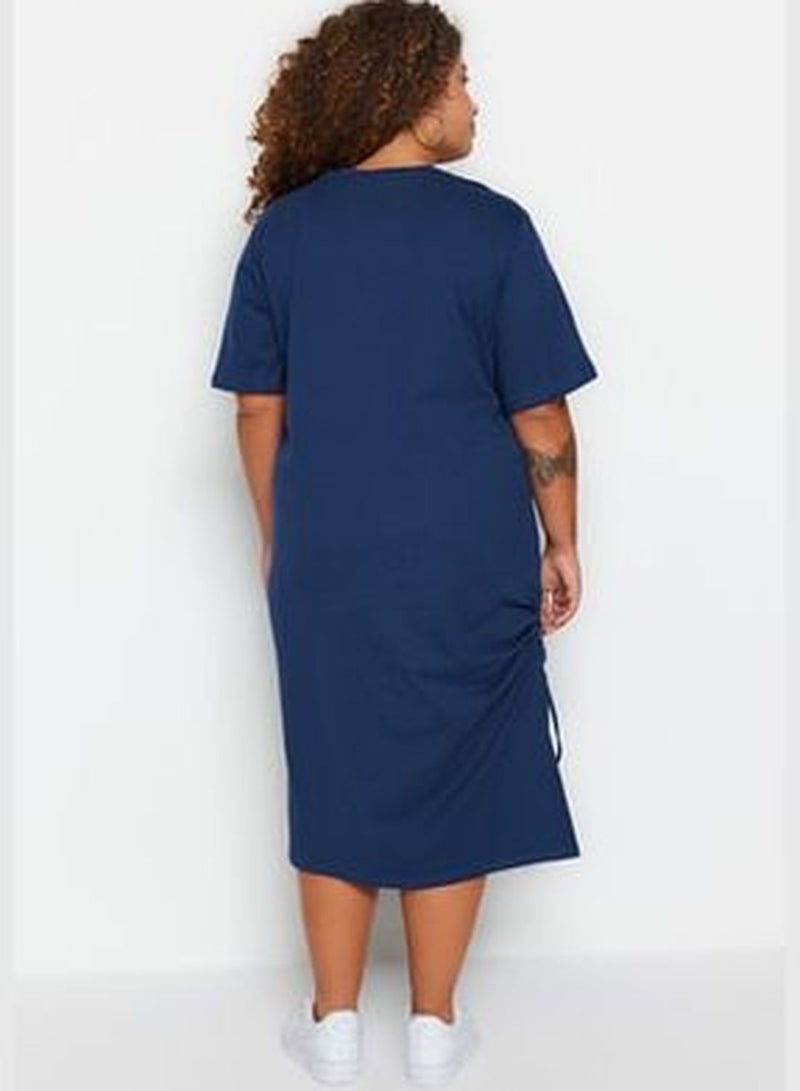 Navy Blue Knitted Bicycle Collar Dress with Smocking and a Slit