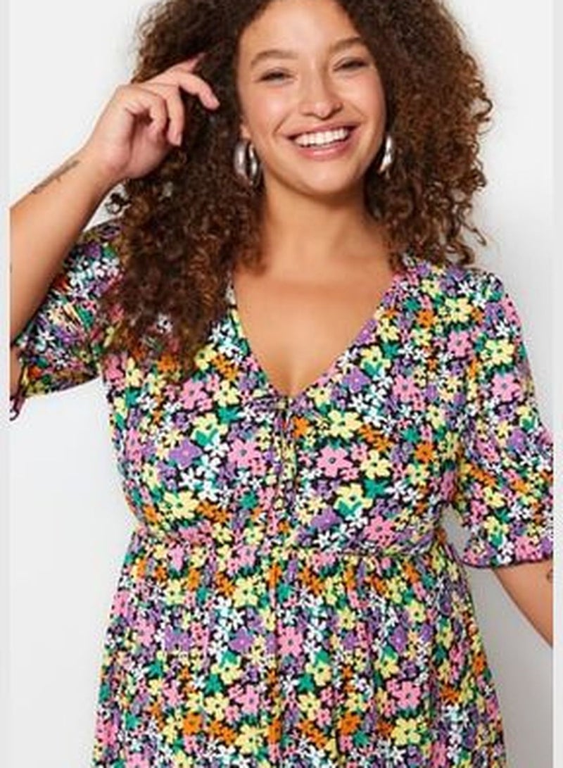 Multicolored Floral Pattern Knitted V-Neck Dress TBBSS23AH00158