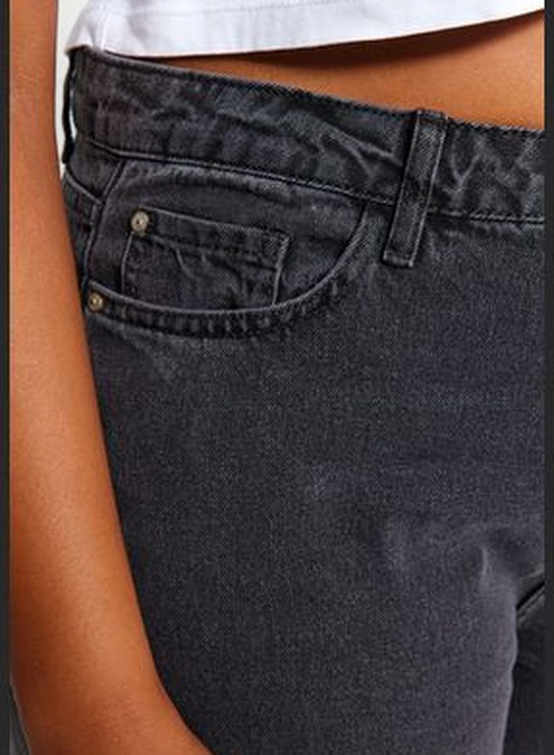 Gray High Waist Wide Cut Jeans with Turn-Up Detail