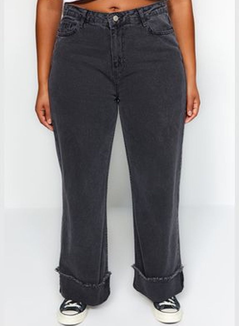 Gray High Waist Wide Cut Jeans with Turn-Up Detail