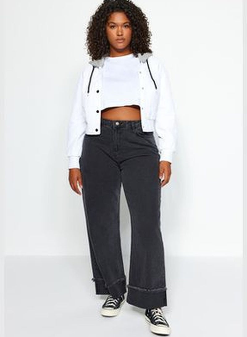 Gray High Waist Wide Cut Jeans with Turn-Up Detail