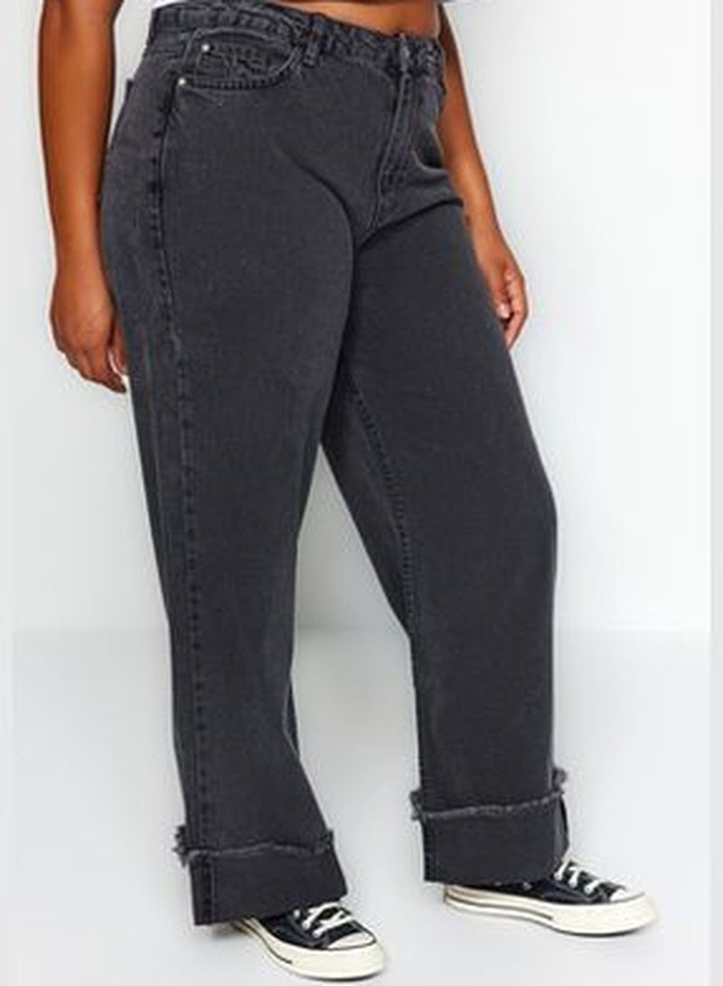 Gray High Waist Wide Cut Jeans with Turn-Up Detail